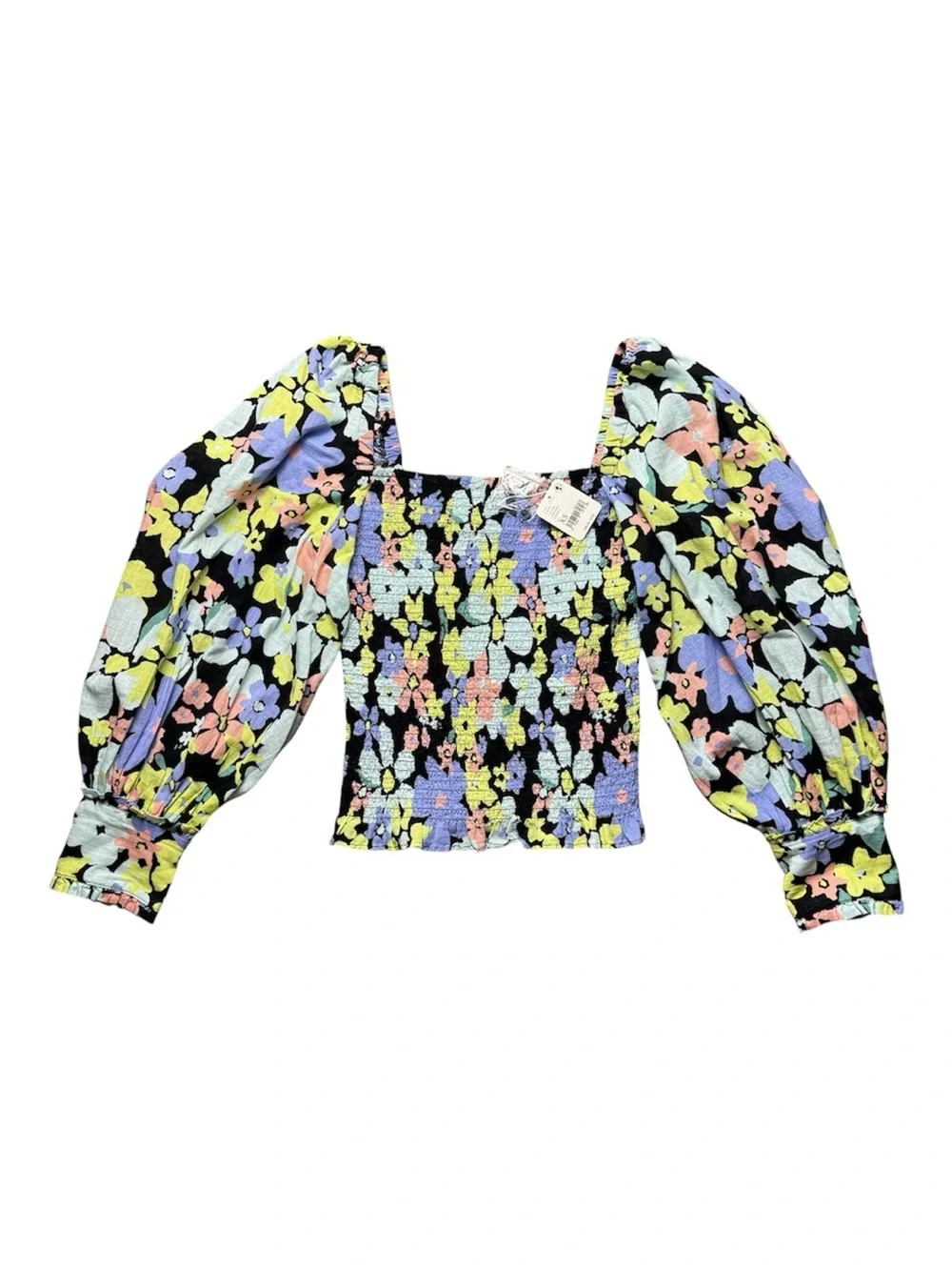 New Free People Black Floral Ariana Print Smocked Puff-Sleeve Crop Top Size XS